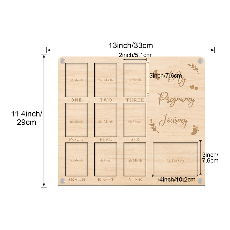 My Pregnancy Journey Placă foto cu 2 straturi - 10 sloturi pentru fotografii pentru 9 luni și ultrasunete - Display din lemn pentru suveniruri pentru bebeluș