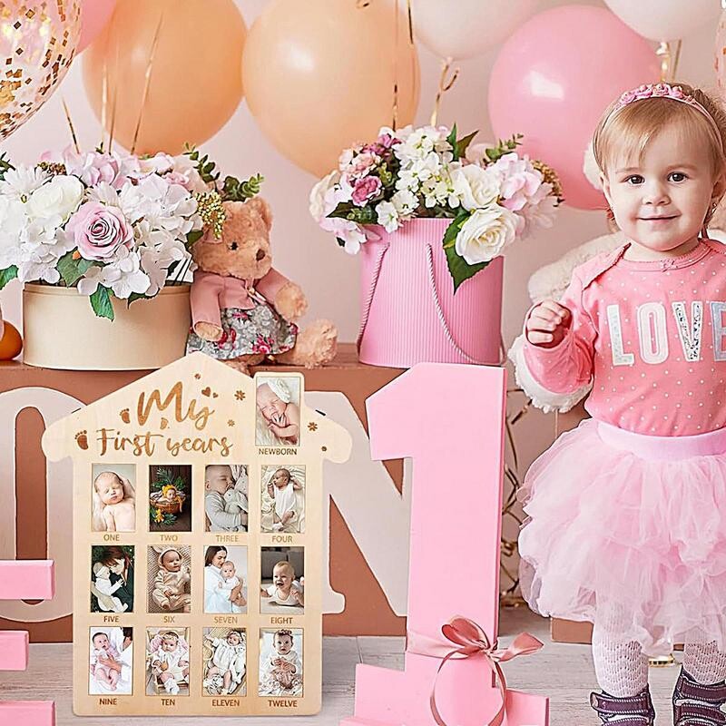 Ramă de poză pentru primul an, panou de lemn pentru primul aniversar, pentru nou-născut până la 12 luni, cadru de călătorie, decor pentru creșă pentru bebeluși