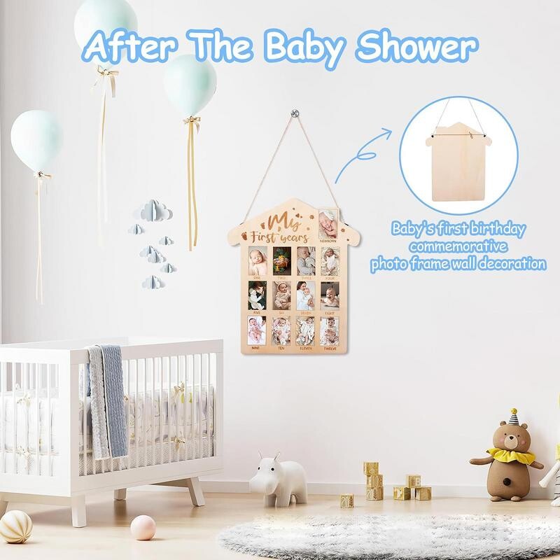 Ramă de poză pentru primul an, panou de lemn pentru primul aniversar, pentru nou-născut până la 12 luni, cadru de călătorie, decor pentru creșă pentru bebeluși