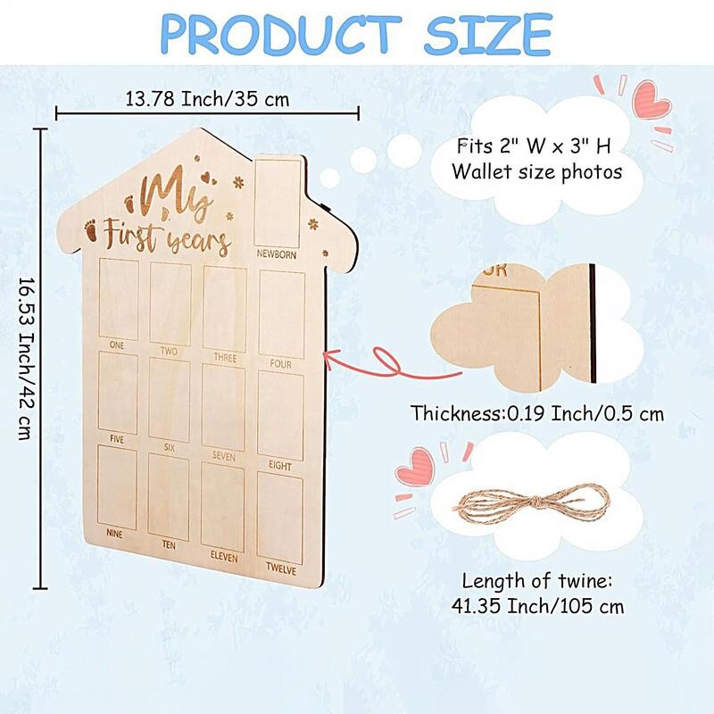 Ramă de poză pentru primul an, panou de lemn pentru primul aniversar, pentru nou-născut până la 12 luni, cadru de călătorie, decor pentru creșă pentru bebeluși