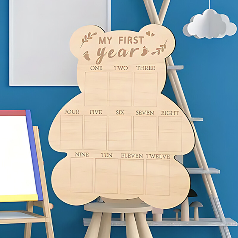 Urs din lemn Cadru foto Piatră de referință din primul an Tablă de afiș din lemn Ornament de decorare pentru masă pentru cadou de zi de naștere