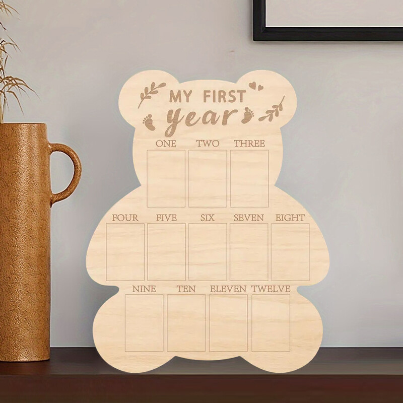 Urs din lemn Cadru foto Piatră de referință din primul an Tablă de afiș din lemn Ornament de decorare pentru masă pentru cadou de zi de naștere