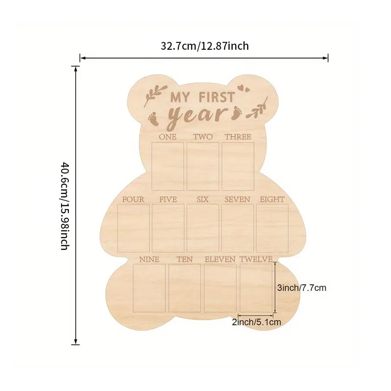 Urs din lemn Cadru foto Piatră de referință din primul an Tablă de afiș din lemn Ornament de decorare pentru masă pentru cadou de zi de naștere