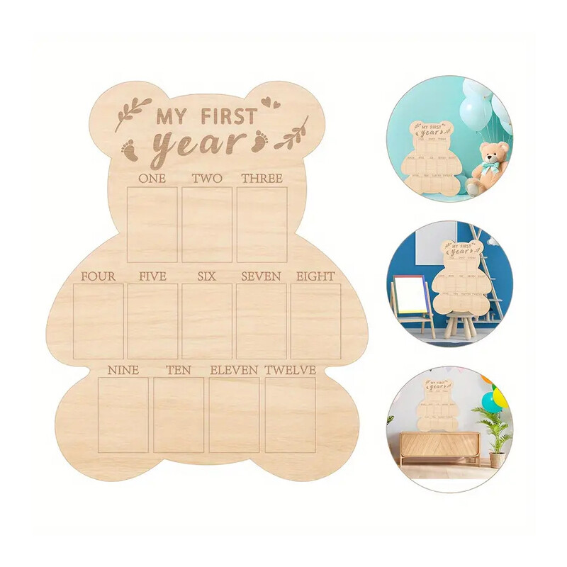 Urs din lemn Cadru foto Piatră de referință din primul an Tablă de afiș din lemn Ornament de decorare pentru masă pentru cadou de zi de naștere
