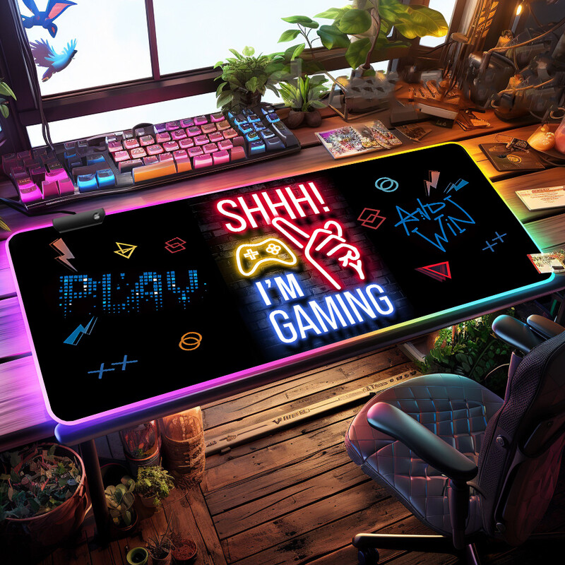 Shhh! I`m Gaming Pattern RGB Light Gaming Mouse Pad Moduri luminoase Control butoane Covoraș mare pentru tastatură de computer Bază anti-alunecare din cauciuc
