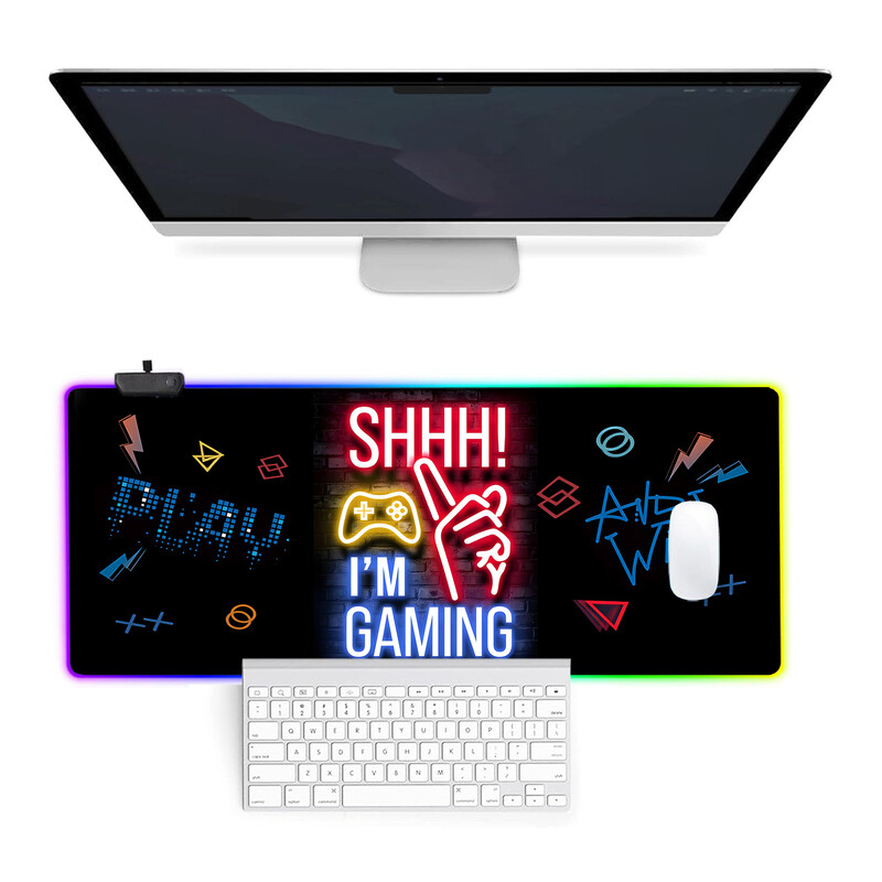 Shhh! I`m Gaming Pattern RGB Light Gaming Mouse Pad Moduri luminoase Control butoane Covoraș mare pentru tastatură de computer Bază anti-alunecare din cauciuc