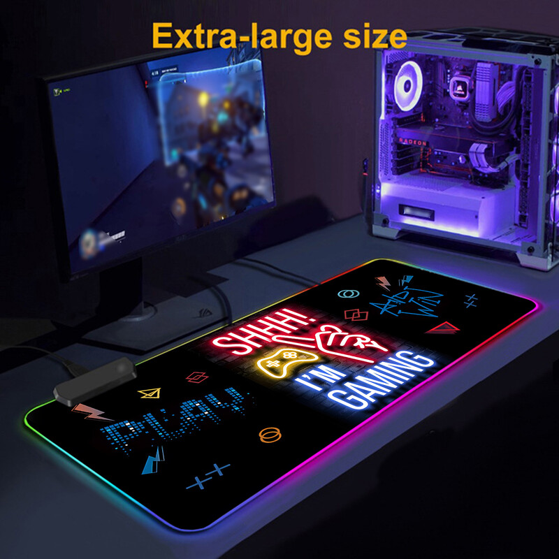 Shhh! I`m Gaming Pattern RGB Light Gaming Mouse Pad Moduri luminoase Control butoane Covoraș mare pentru tastatură de computer Bază anti-alunecare din cauciuc