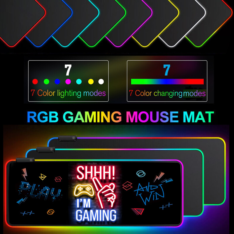 Shhh! I`m Gaming Pattern RGB Light Gaming Mouse Pad Moduri luminoase Control butoane Covoraș mare pentru tastatură de computer Bază anti-alunecare din cauciuc