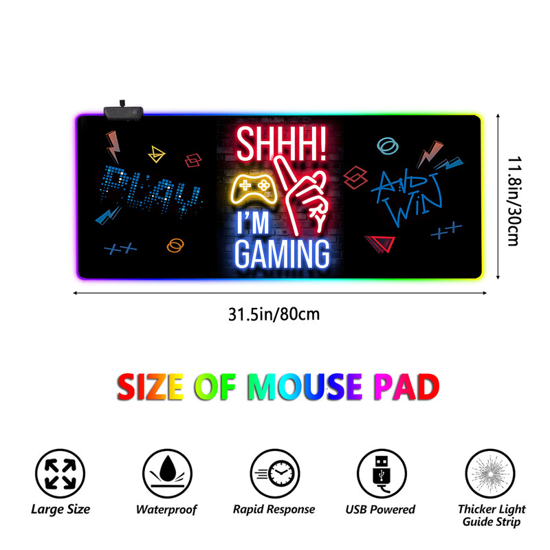 Shhh! I`m Gaming Pattern RGB Light Gaming Mouse Pad Moduri luminoase Control butoane Covoraș mare pentru tastatură de computer Bază anti-alunecare din cauciuc