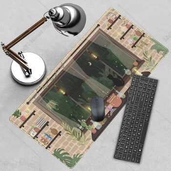 Cute Kawaii White Cat Anime Green Plant Large Mouse Pad Gaming Mousepad με αντιολισθητική λαστιχένια βάση για εργασία γραφείου 31,5x11,8 ιντσών