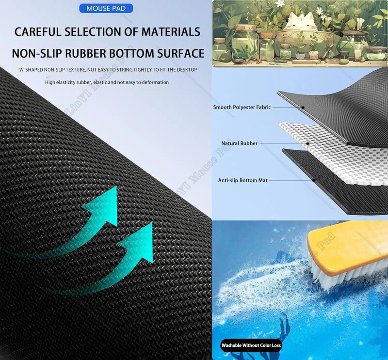 Cute Kawaii White Cat Anime Green Plant Mouse Pad mare Mousepad Gaming Mousepad cu bază antiderapantă din cauciuc pentru birou 31,5x11,8 inci