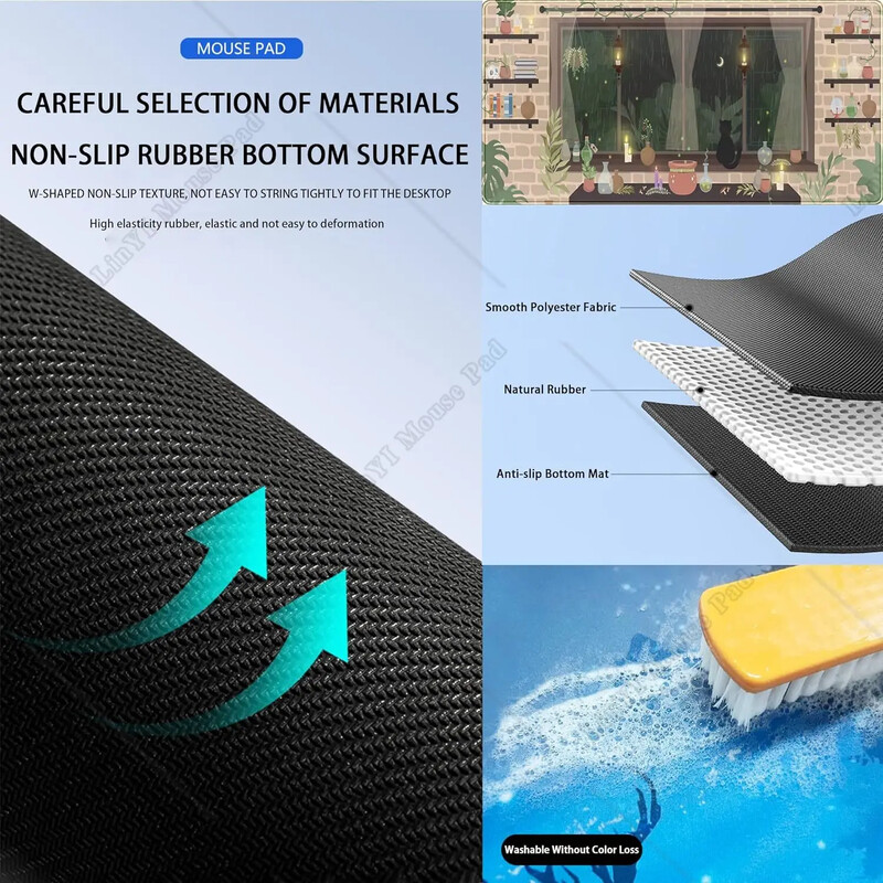 Cute Kawaii White Cat Anime Green Plant Mouse Pad mare Mousepad Gaming Mousepad cu bază antiderapantă din cauciuc pentru birou 31,5x11,8 inci