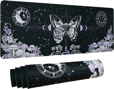 Esztétikus Butterfly Goth Gaming Mouse Pad XL Trippy Mushroom Moon Galaxy egérpad fekete lila hosszú, nagy íróasztal 31,5 x 11,8 hüvelykes