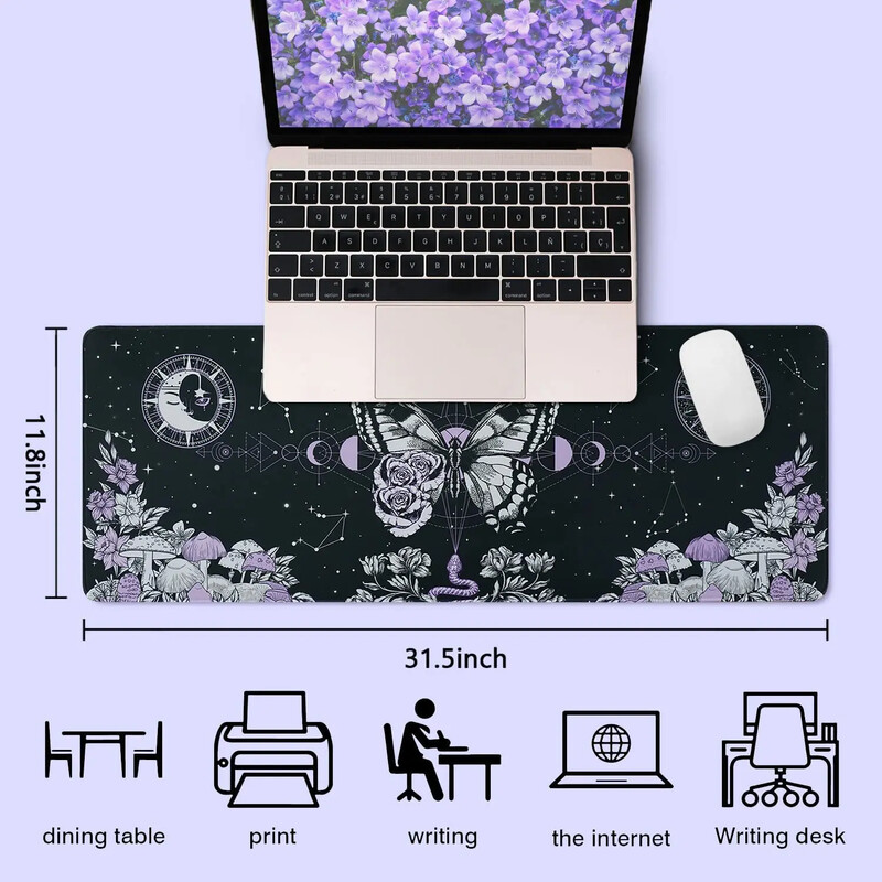 Aesthetic Butterfly Goth Gaming Mouse Pad XL Trippy Mushroom Moon Galaxy Mousepad Negru Mov Lung Birou mare 31,5 X 11,8 inci