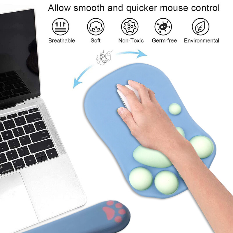 Tampă de mouse drăguță, ergonomică, cu labe de pisică, suport pentru încheietura mâinii, covoraș din silicon pentru birou și computer de acasă și laptop pentru computer, desktop pentru jocuri, mousepad
