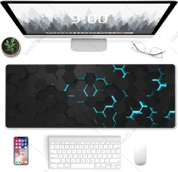 Blue Honeycomb Science Technology Extended Gaming Mouse Pad με αντιολισθητική βάση ραμμένη άκρη για εργασία στο σπίτι στο γραφείο 31,5x11,8 ίντσες