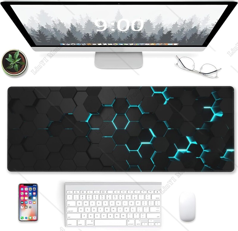 Blue Honeycomb Science Technology Extended Gaming Mouse Pad cu bază anti-alunecare Margini cusute pentru birou acasă 31,5 x 11,8 inci