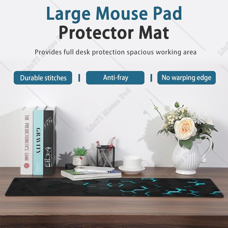 Blue Honeycomb Science Technology Extended Gaming Mouse Pad cu bază anti-alunecare Margini cusute pentru birou acasă 31,5 x 11,8 inci