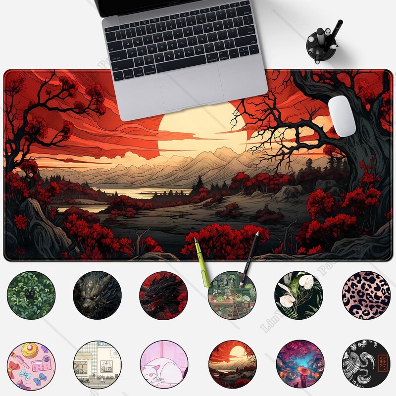 Mouse Pad japonez roșu și negru XL Anime Large Gaming Mouse Pad mare Pad de birou cu margini cusute Cauciuc antiderapant 31,5x11,8 inch