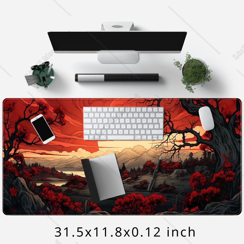 Mouse Pad japonez roșu și negru XL Anime Large Gaming Mouse Pad mare Pad de birou cu margini cusute Cauciuc antiderapant 31,5x11,8 inch