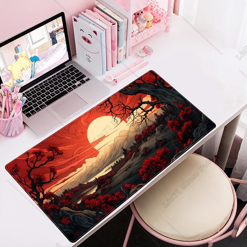 Mouse Pad japonez roșu și negru XL Anime Large Gaming Mouse Pad mare Pad de birou cu margini cusute Cauciuc antiderapant 31,5x11,8 inch