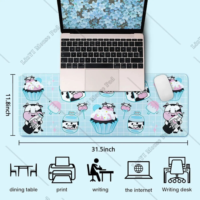 Covorașă pentru mouse Kawaii Cow Covorașă mare, tort cu lapte, pentru gaming, roz albastru XL Kawaii Cow Decor Lucruri Accesorii 31,5 X 11,8 inci