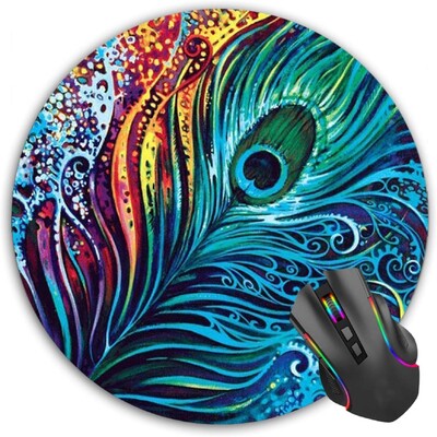 Tampă mouse rotundă cu pene de păun Tampă mouse cu bază anti-alunecare din cauciuc pentru computer laptop Mousepad personalizat pentru femei, 7,9 x 7,9 inci