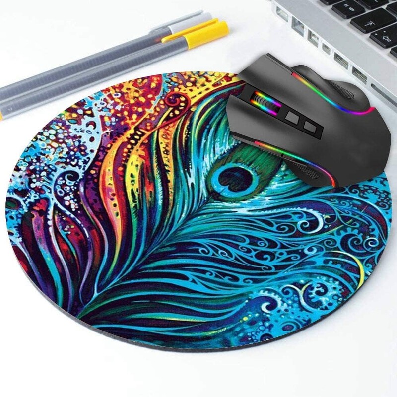 Tampă mouse rotundă cu pene de păun Tampă mouse cu bază anti-alunecare din cauciuc pentru computer laptop Mousepad personalizat pentru femei, 7,9 x 7,9 inci