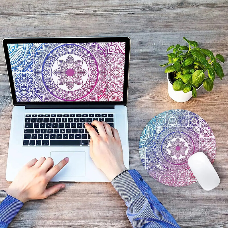 Covoraș de șoarece cu mandala vintage, covoraș de șoarece rotund, personalizat, cu design mic, anti-alunecare, cu bază de cauciuc, tampă de șoarece florală pentru laptop