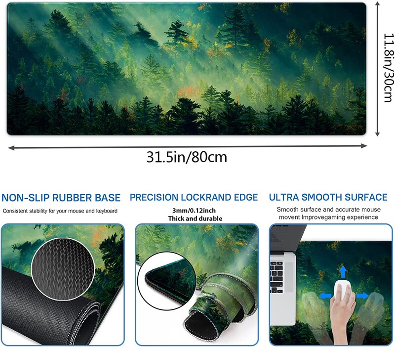 Covoraș pentru mouse Pad pentru tastatură mare pentru jocuri Margini cusute durabile Covoraș pentru mouse lavabil cu suprafață netedă 31,5 x 11,8 inci, pădure verde