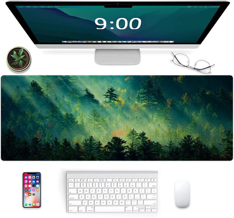Covoraș pentru mouse Pad pentru tastatură mare pentru jocuri Margini cusute durabile Covoraș pentru mouse lavabil cu suprafață netedă 31,5 x 11,8 inci, pădure verde