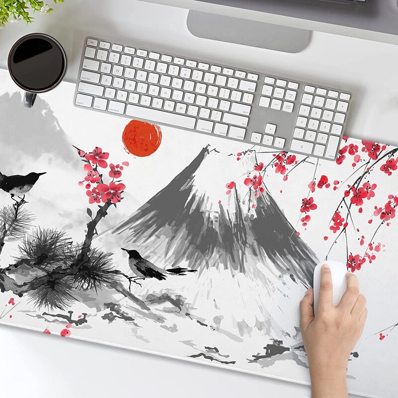 Tampă de mouse mare de artă japoneză Tampă de mouse Covoraș de mouse extins Tampă de birou groasă, lungă, anti-alunecare, din cauciuc, 31,5 x 11,8 x 0,12 inci