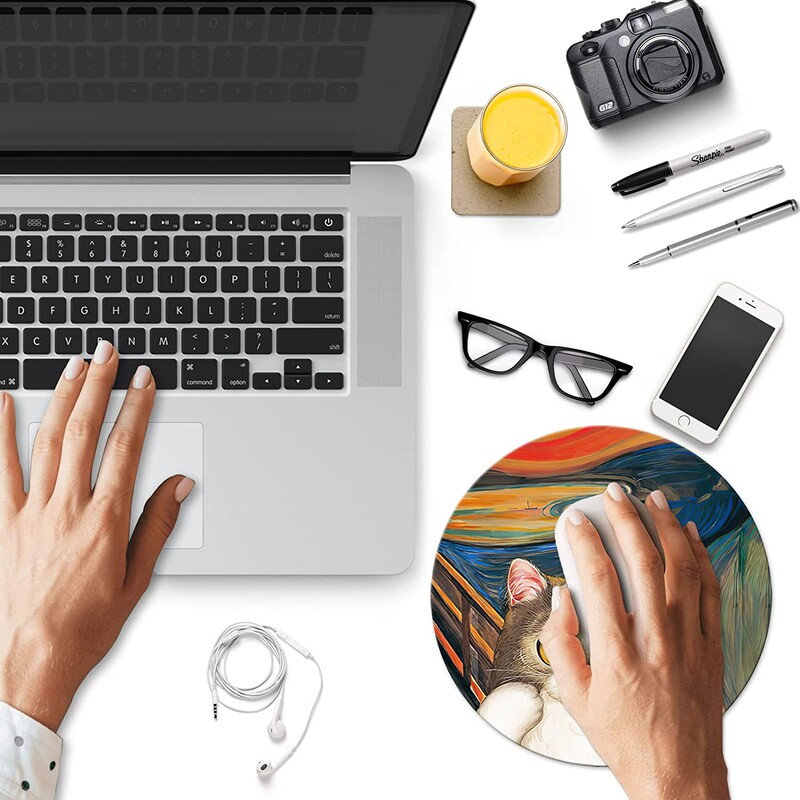 Tampă de mouse rotundă cu pisică drăguță Tampoane de mouse mici antiderapante din cauciuc Covoraș de mouse pentru computer și laptop pentru birou, birou, jocuri, decor