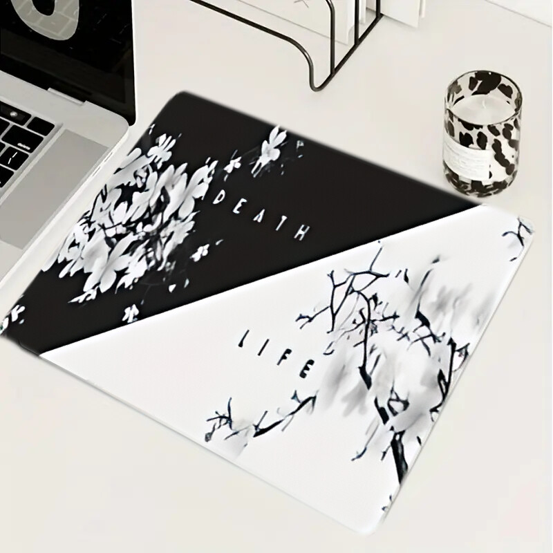 Tastatură alb-negru Cherry Blossom Life and Death Pad de mouse pentru joc de animație, bază din cauciuc anti-alunecare de 2 mm grosime și margine cusută
