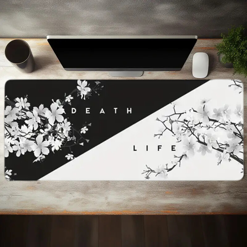 Tastatură alb-negru Cherry Blossom Life and Death Pad de mouse pentru joc de animație, bază din cauciuc anti-alunecare de 2 mm grosime și margine cusută