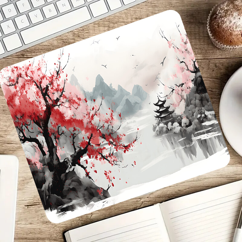Tampă de mouse pentru joc cu flori de cireș cu pictură japoneză, bază de margine cusută din cauciuc anti-alunecare de 2 mm, suport de masă portabil, birou, lucru la calculator,