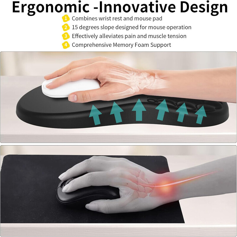 Mouse Pad ergonomic pentru suport pentru încheietura mâinii, pernă din spumă cu memorie, design cu lovituri de masaj, ameliorarea durerii în tunelul carpian, birou și jocuri