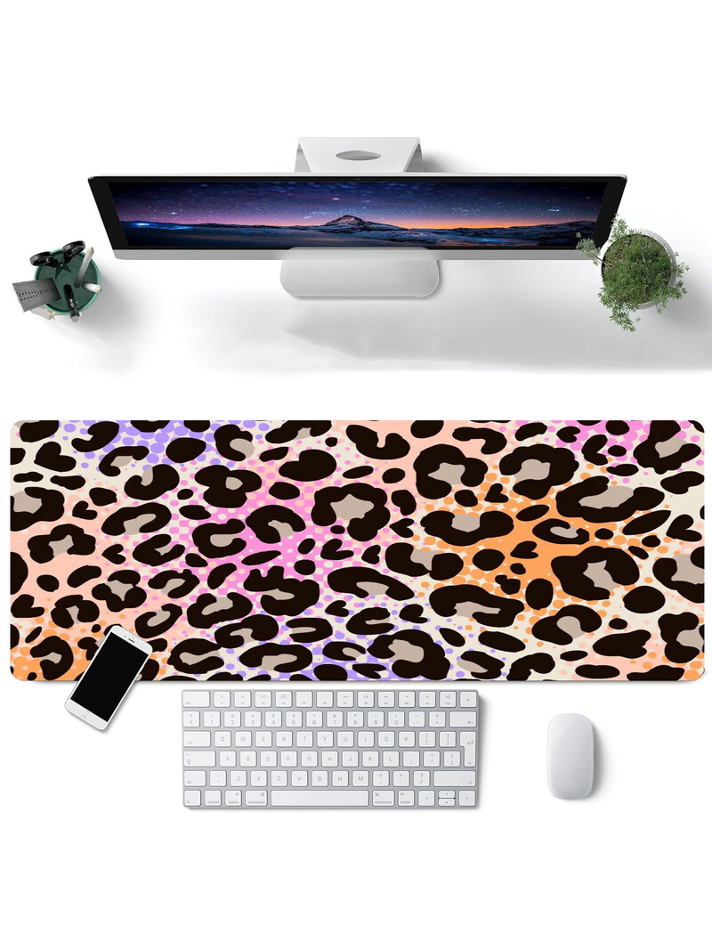Mouse Pad pentru jocuri mare, bază din cauciuc anti-alunecare, suprafață netedă din material textil, design elegant cu imprimeu leopard, perfect pentru birou, acasă și