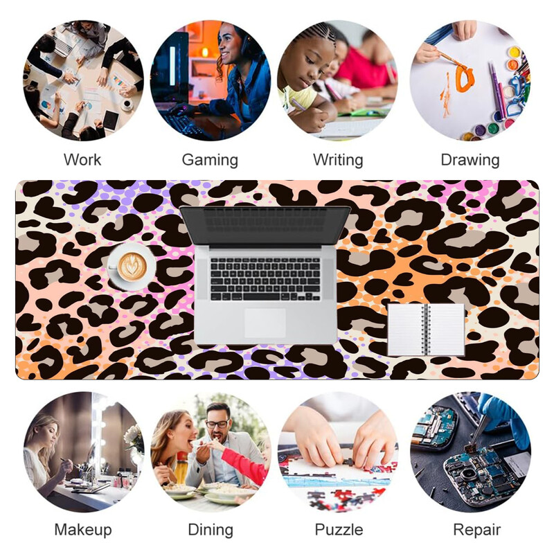 Mouse Pad pentru jocuri mare, bază din cauciuc anti-alunecare, suprafață netedă din material textil, design elegant cu imprimeu leopard, perfect pentru birou, acasă și
