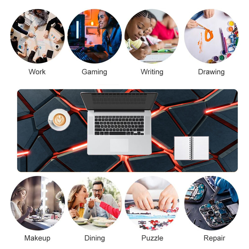 Mouse Pad pentru gaming mare cu design geometric cu lumină roșie, bază din cauciuc anti-alunecare, suprafață netedă din material, ideal pentru birou, acasă și