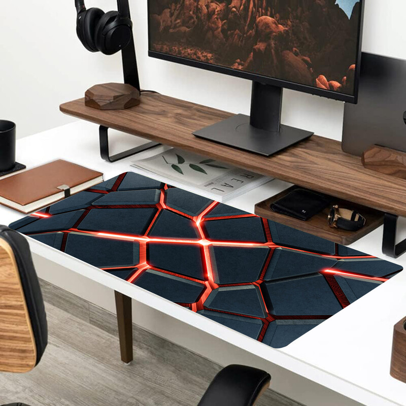 Mouse Pad pentru gaming mare cu design geometric cu lumină roșie, bază din cauciuc anti-alunecare, suprafață netedă din material, ideal pentru birou, acasă și
