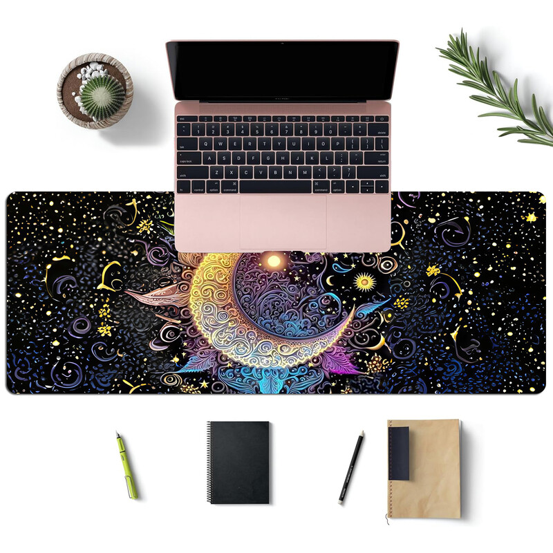 Mouse Pad pentru gaming mare cu bază din cauciuc anti-alunecare, suprafață netedă din material, model cu lună și stea pentru birou, acasă și pentru jocuri