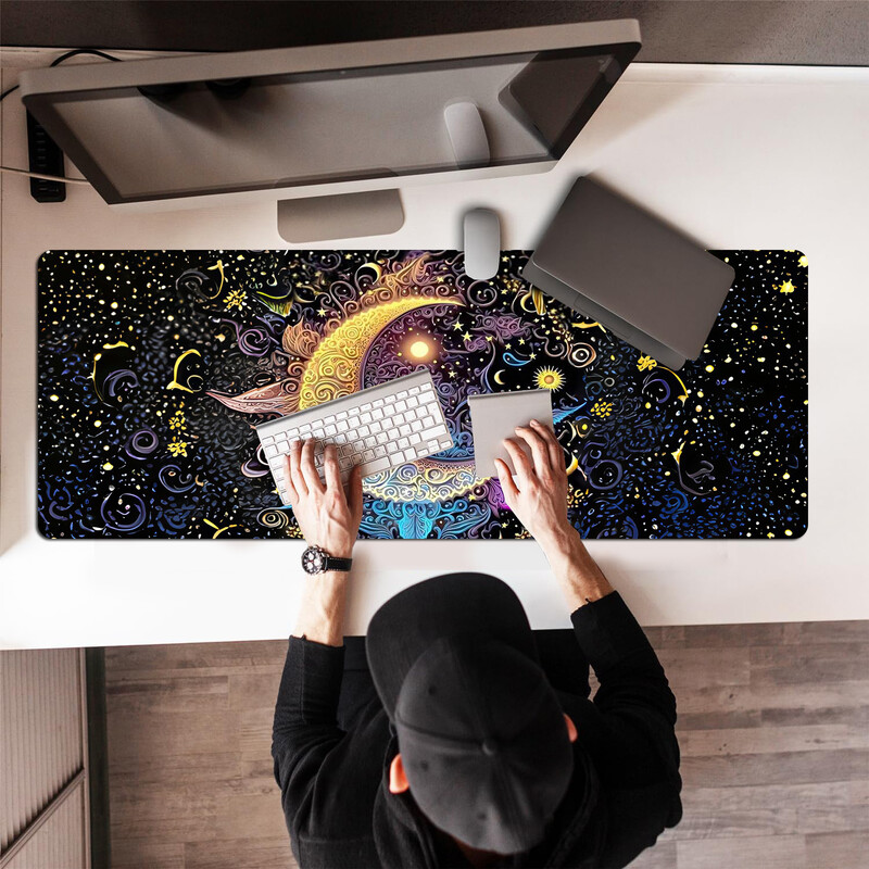 Mouse Pad pentru gaming mare cu bază din cauciuc anti-alunecare, suprafață netedă din material, model cu lună și stea pentru birou, acasă și pentru jocuri