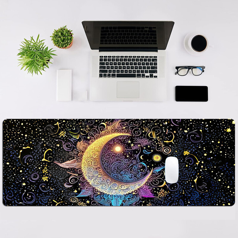 Mouse Pad pentru gaming mare cu bază din cauciuc anti-alunecare, suprafață netedă din material, model cu lună și stea pentru birou, acasă și pentru jocuri