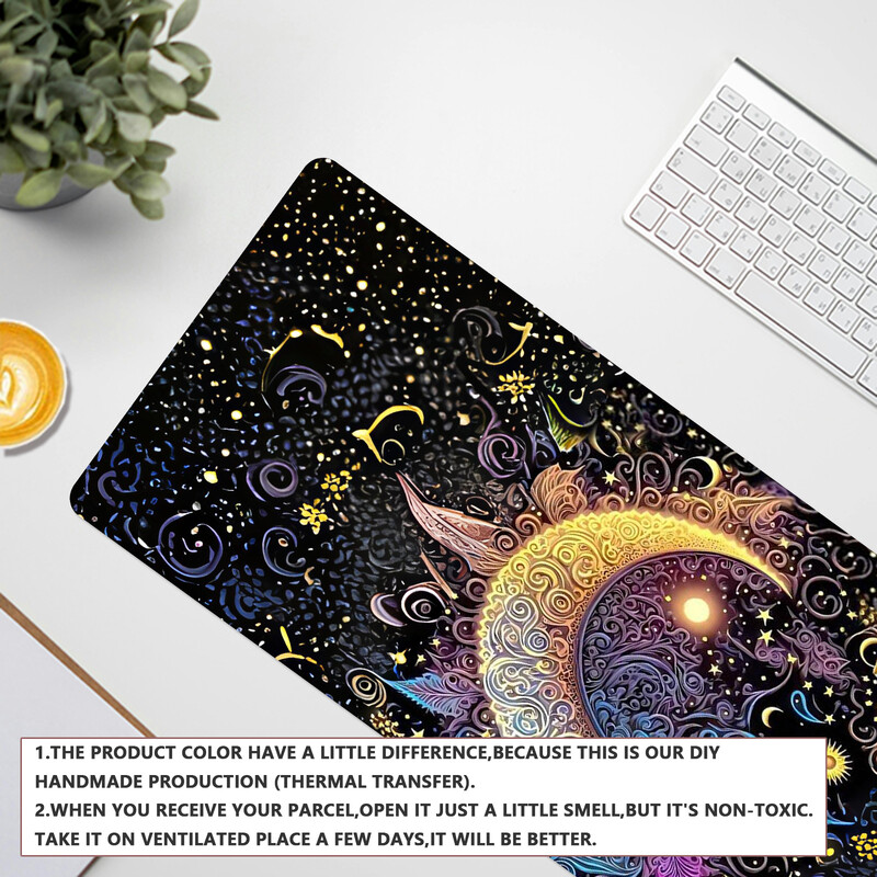 Mouse Pad pentru gaming mare cu bază din cauciuc anti-alunecare, suprafață netedă din material, model cu lună și stea pentru birou, acasă și pentru jocuri
