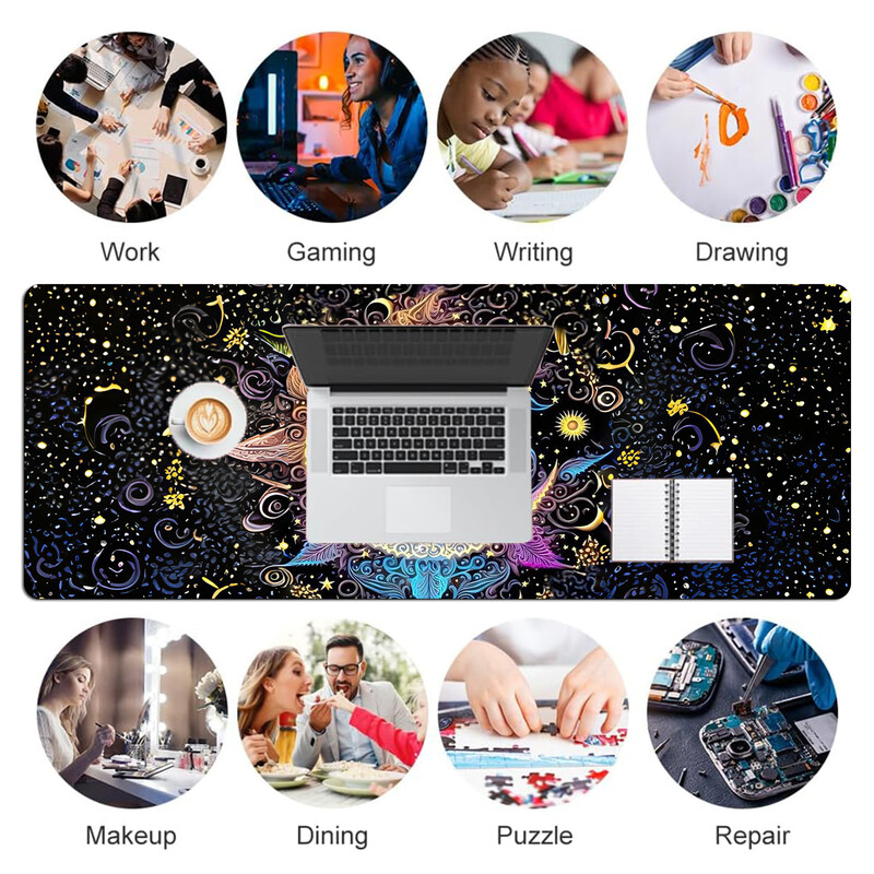 Mouse Pad pentru gaming mare cu bază din cauciuc anti-alunecare, suprafață netedă din material, model cu lună și stea pentru birou, acasă și pentru jocuri
