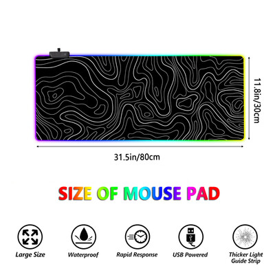 Topográfiai kialakítású RGB játék egérpad, nagy, csúszásmentes asztali szőnyeg, sima vízálló felület, USB-s RGB világítás