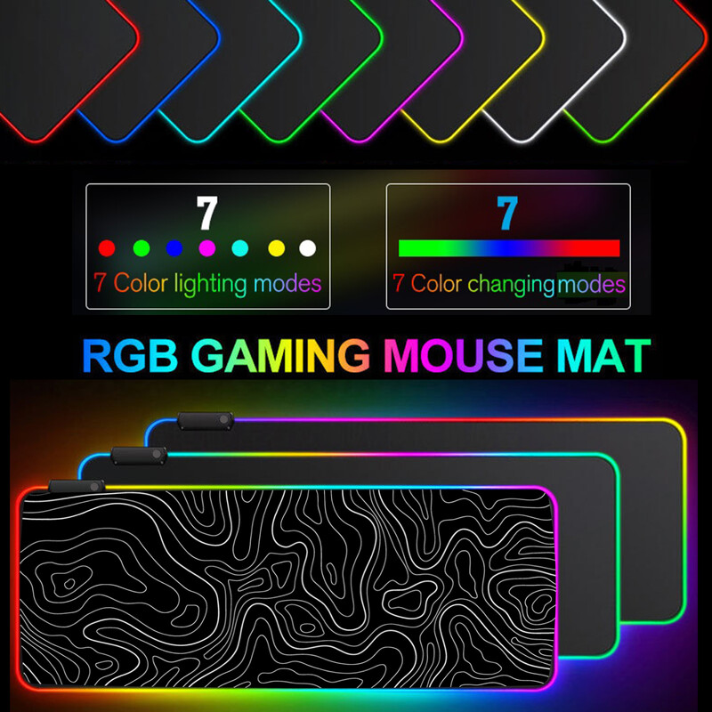 Tampă mouse-ul pentru jocuri RGB cu design topografic Covoraș mare de birou anti-alunecare, suprafață netedă impermeabilă, iluminare RGB alimentată prin USB