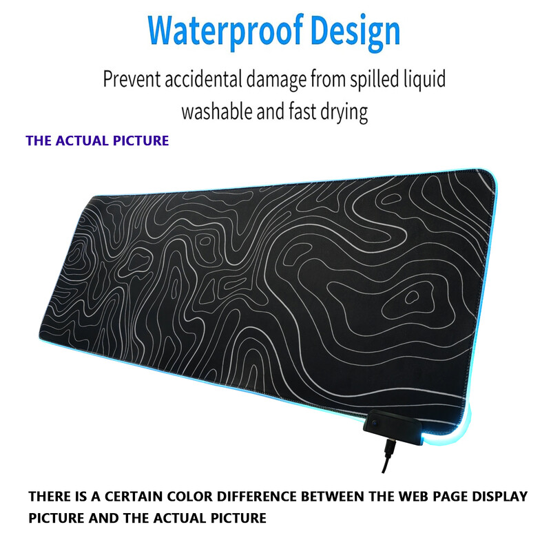 Tampă mouse-ul pentru jocuri RGB cu design topografic Covoraș mare de birou anti-alunecare, suprafață netedă impermeabilă, iluminare RGB alimentată prin USB