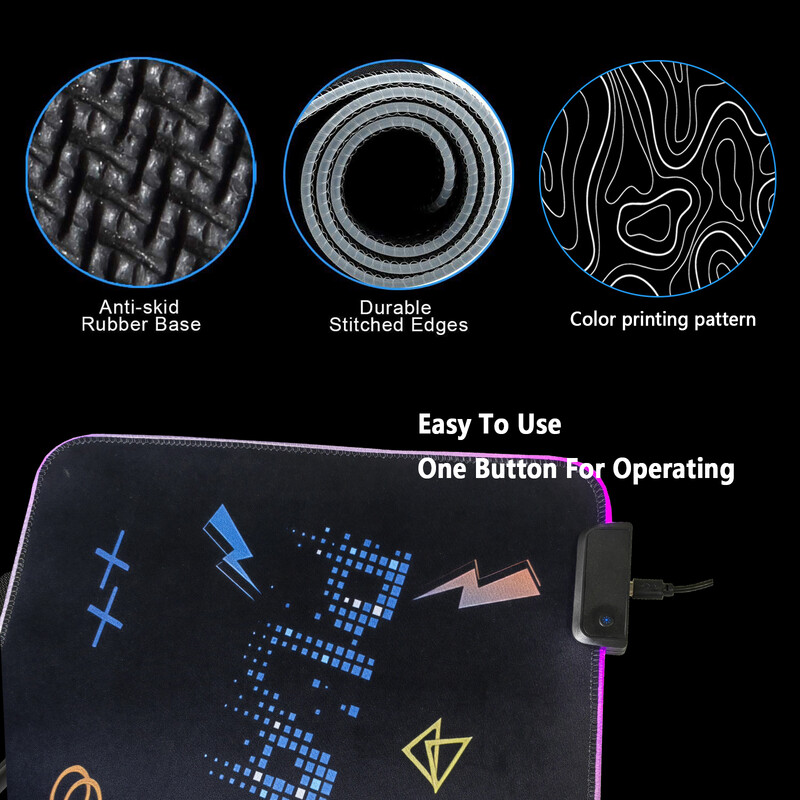 Mouse Pad pentru gaming RGB - Iluminare LED în 7 culori, design vibrant, bază anti-alunecare, suprafață netedă, control cu un singur buton, perfect pentru joc